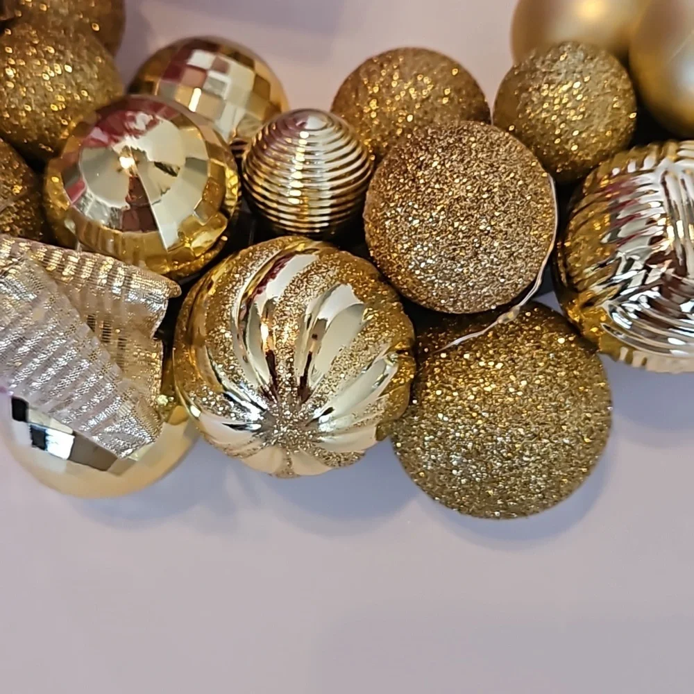 Upcycled Shatterproof Wreath Christmas Gold Ornaments Fairy Lights Handmade 14